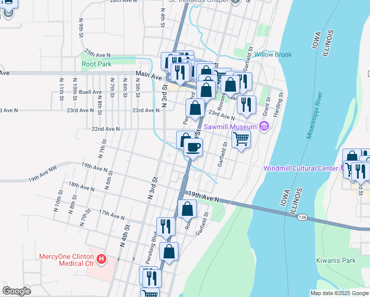 map of restaurants, bars, coffee shops, grocery stores, and more near 211 21st Avenue North in Clinton