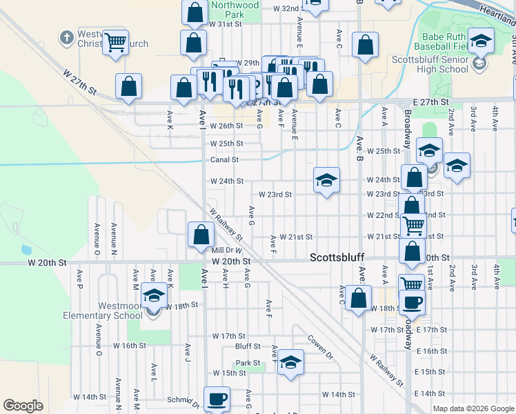 map of restaurants, bars, coffee shops, grocery stores, and more near 2222 Avenue G in Scottsbluff