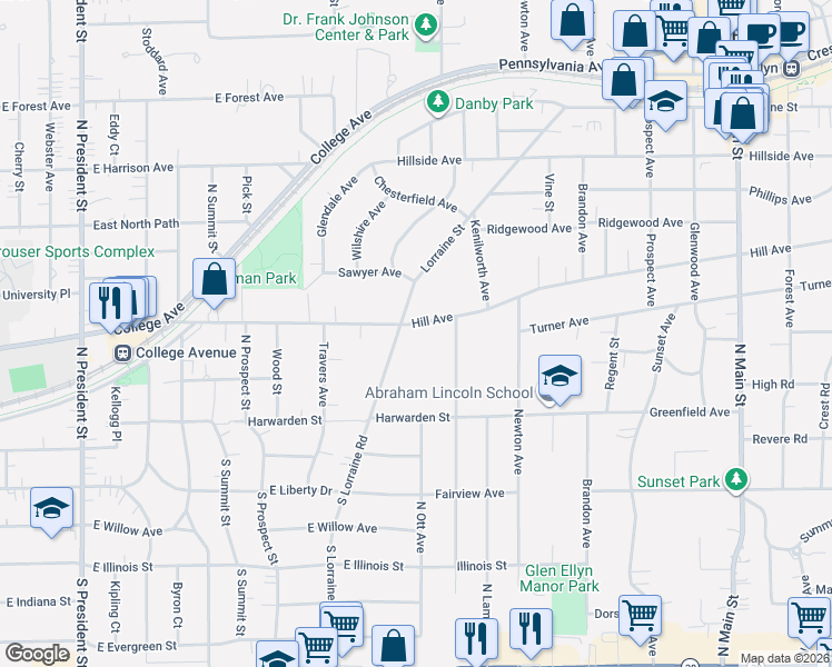 map of restaurants, bars, coffee shops, grocery stores, and more near 280 Hill Avenue in Glen Ellyn