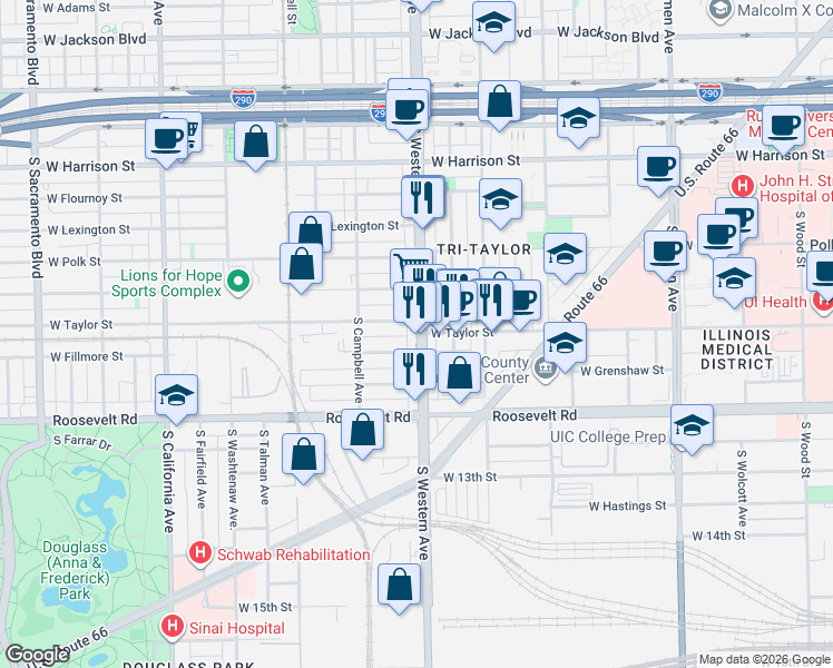 map of restaurants, bars, coffee shops, grocery stores, and more near 1010 South Western Avenue in Chicago