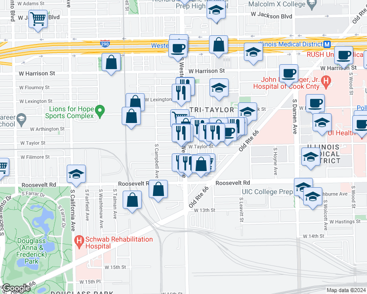 map of restaurants, bars, coffee shops, grocery stores, and more near S Western Ave & W Taylor St in Chicago