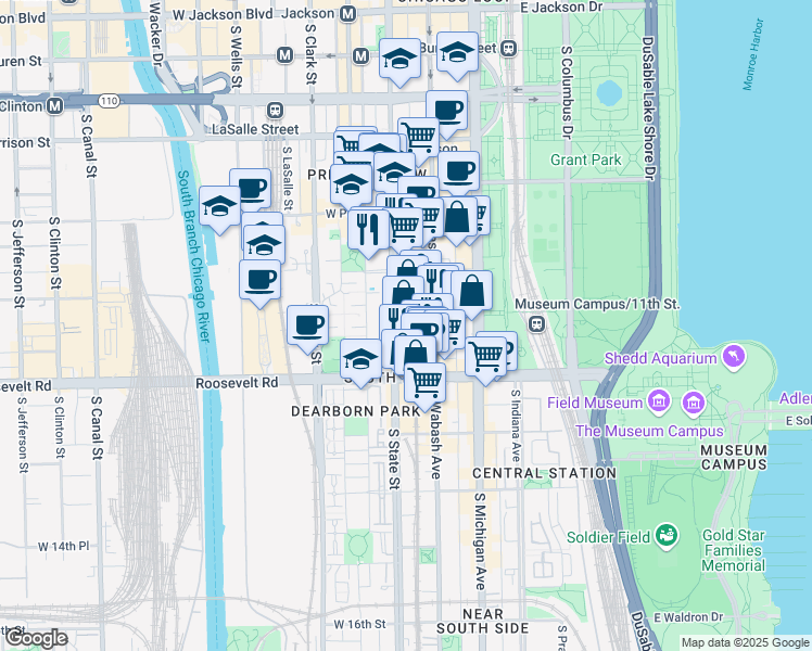 map of restaurants, bars, coffee shops, grocery stores, and more near 1101 South State Street in Chicago