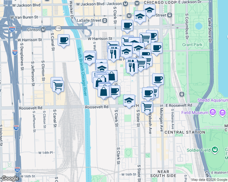 map of restaurants, bars, coffee shops, grocery stores, and more near 1000 South Clark Street in Chicago