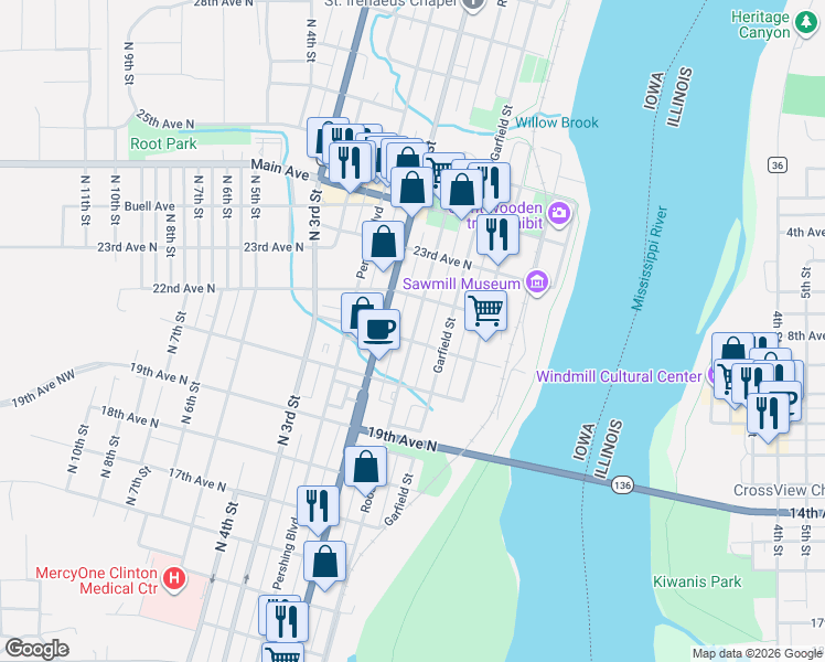 map of restaurants, bars, coffee shops, grocery stores, and more near 2120 Roosevelt Street in Clinton