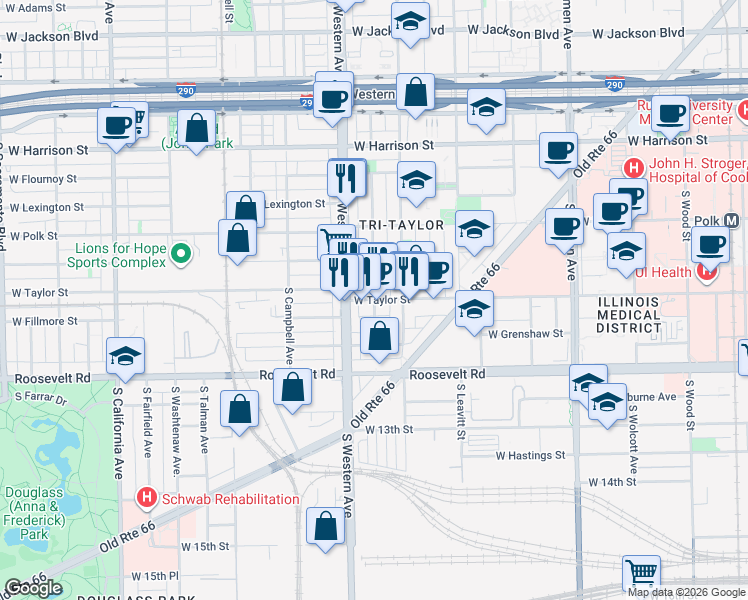 map of restaurants, bars, coffee shops, grocery stores, and more near W Taylor St & S Claremont Ave in Chicago