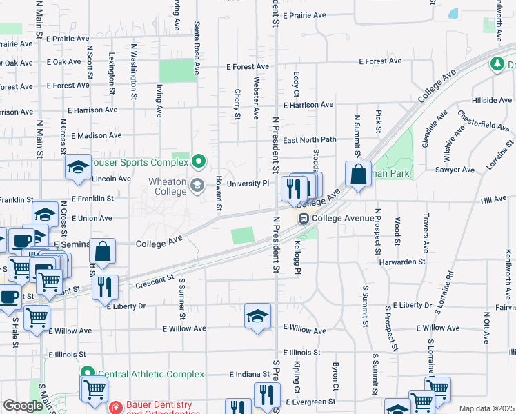 map of restaurants, bars, coffee shops, grocery stores, and more near 883 College Avenue in Wheaton