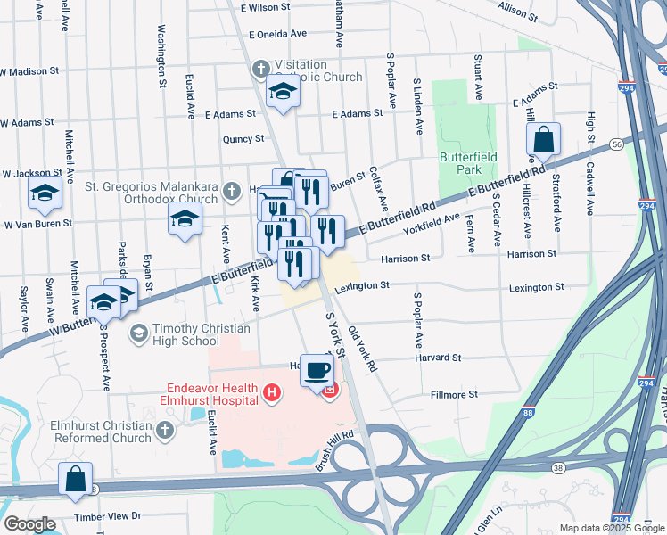 map of restaurants, bars, coffee shops, grocery stores, and more near 218 Butterfield Road in Elmhurst