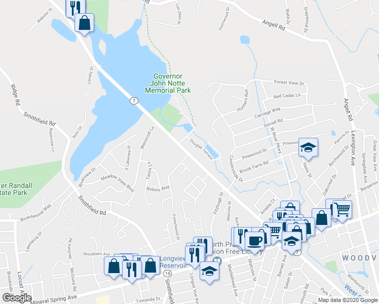 map of restaurants, bars, coffee shops, grocery stores, and more near 1655 Douglas Avenue in North Providence