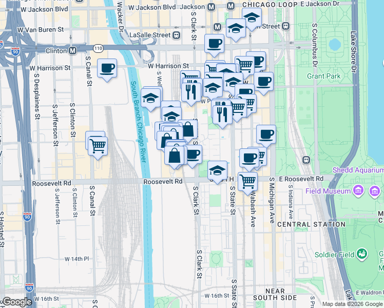 map of restaurants, bars, coffee shops, grocery stores, and more near 1000 South Clark Street in Chicago