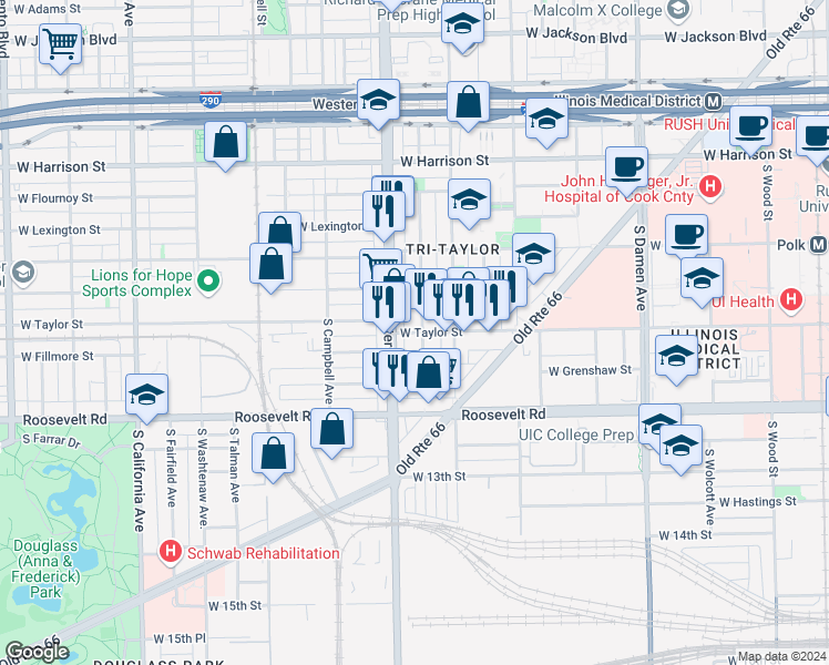 map of restaurants, bars, coffee shops, grocery stores, and more near 2343 West Taylor Street in Chicago