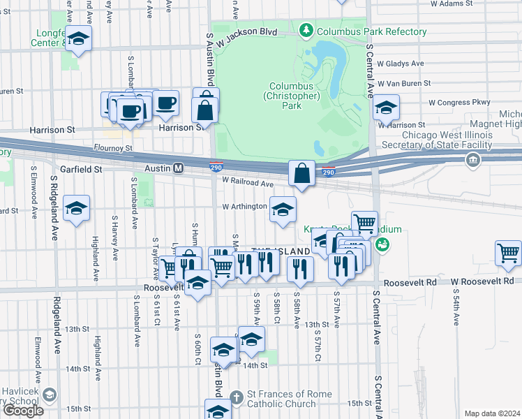 map of restaurants, bars, coffee shops, grocery stores, and more near 920 South Monitor Avenue in Chicago