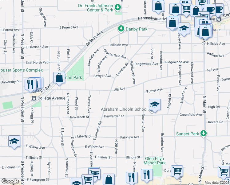 map of restaurants, bars, coffee shops, grocery stores, and more near 280 Hill Avenue in Glen Ellyn