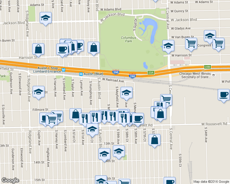map of restaurants, bars, coffee shops, grocery stores, and more near 5907 West Arthington Street in Chicago