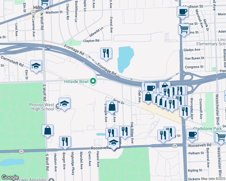 map of restaurants, bars, coffee shops, grocery stores, and more near 4415 Harrison Street in Hillside
