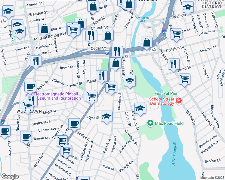 map of restaurants, bars, coffee shops, grocery stores, and more near 363 East Avenue in Pawtucket