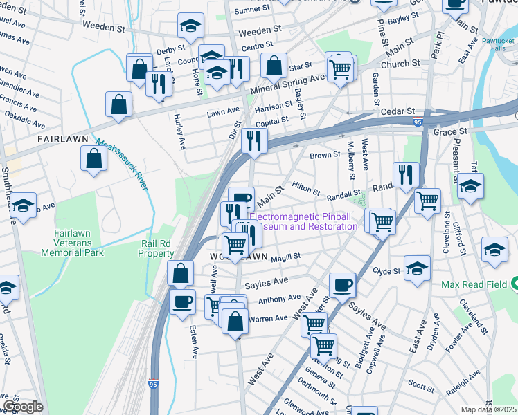 map of restaurants, bars, coffee shops, grocery stores, and more near 828 Main Street in Pawtucket