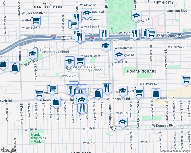 map of restaurants, bars, coffee shops, grocery stores, and more near 3901 West Arthington Street in Chicago