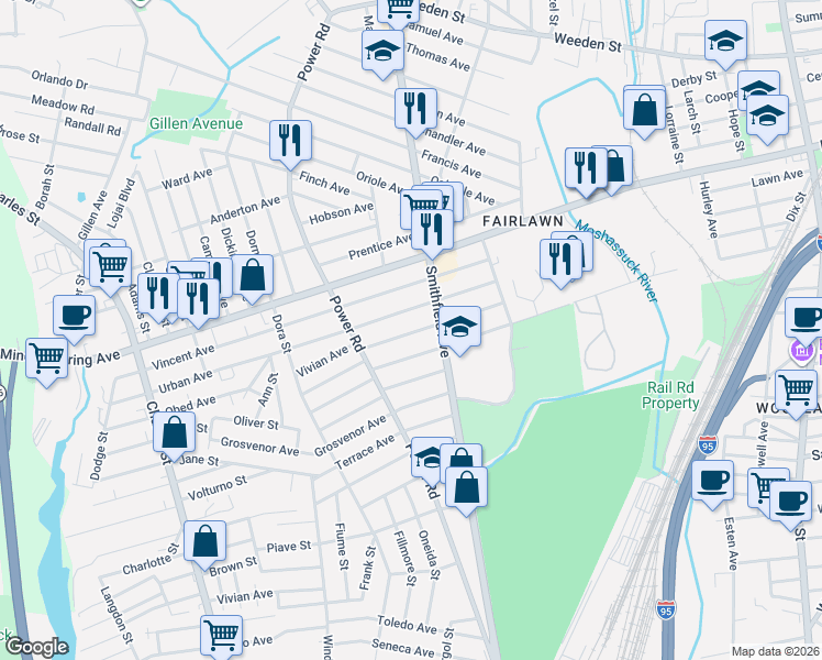 map of restaurants, bars, coffee shops, grocery stores, and more near 261 West Forest Avenue in Pawtucket