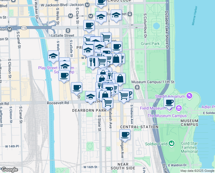 map of restaurants, bars, coffee shops, grocery stores, and more near 10 East 11th Street in Chicago