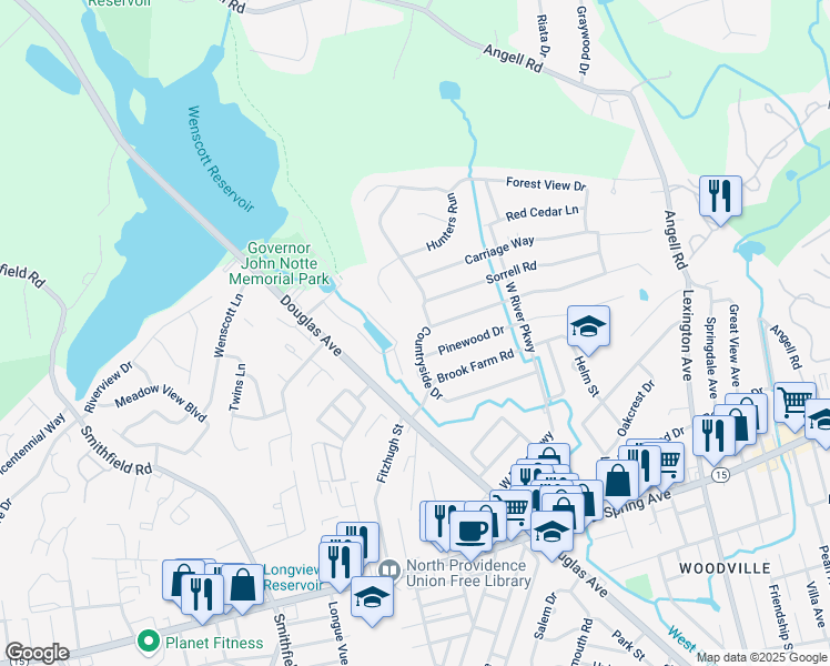 map of restaurants, bars, coffee shops, grocery stores, and more near 12 Hunters Run in North Providence