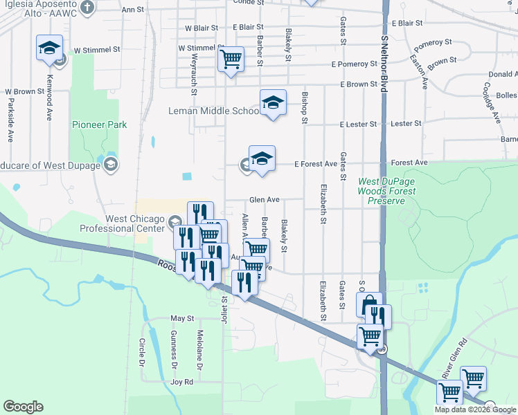 map of restaurants, bars, coffee shops, grocery stores, and more near 205 Glen Avenue in West Chicago