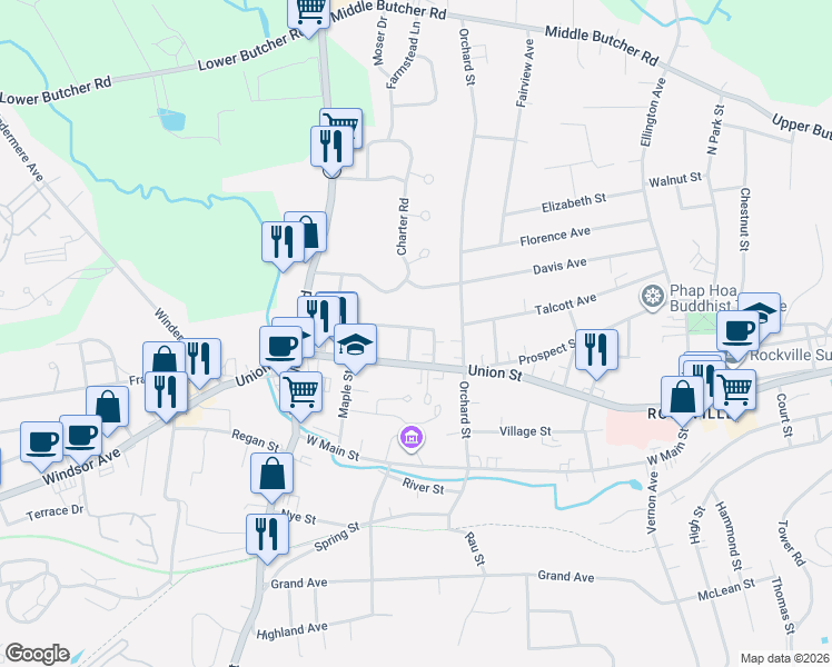 map of restaurants, bars, coffee shops, grocery stores, and more near 36 Grant Street in Vernon