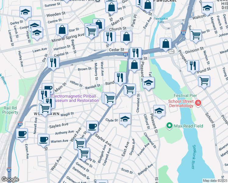 map of restaurants, bars, coffee shops, grocery stores, and more near 32 Pine Street in Pawtucket