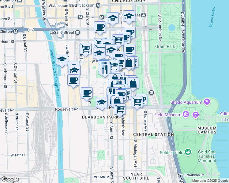 map of restaurants, bars, coffee shops, grocery stores, and more near 1025 South State Street in Chicago