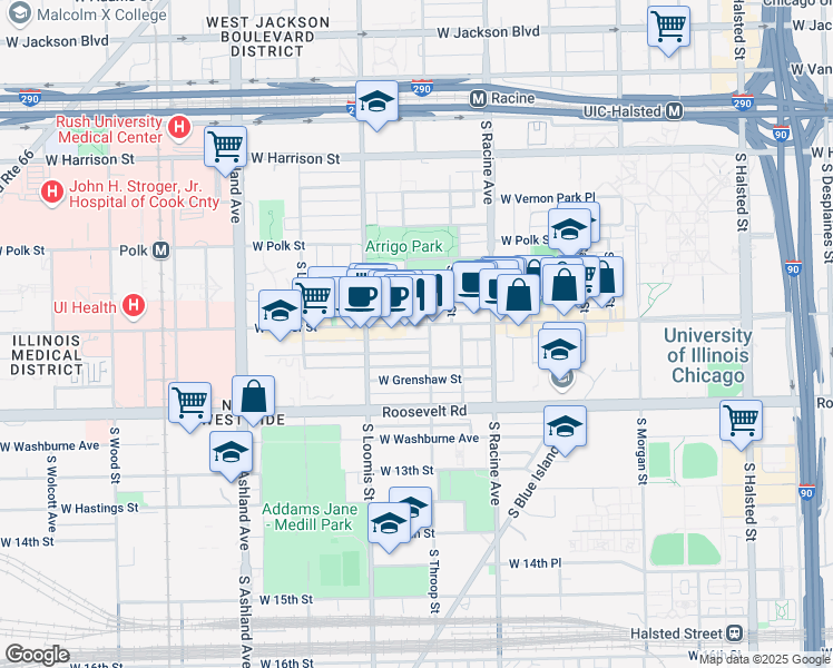 map of restaurants, bars, coffee shops, grocery stores, and more near 1322 West Taylor Street in Chicago