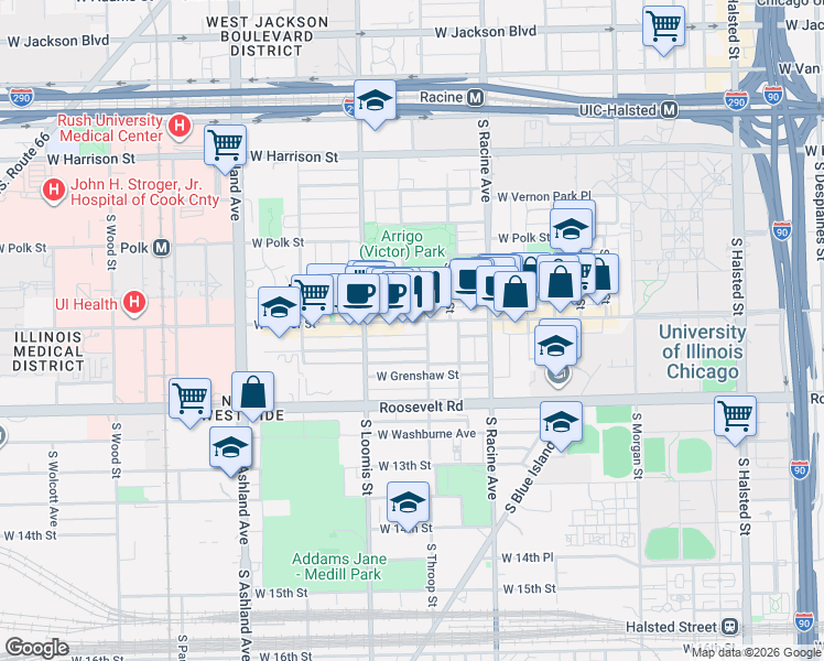 map of restaurants, bars, coffee shops, grocery stores, and more near 1322 West Taylor Street in Chicago