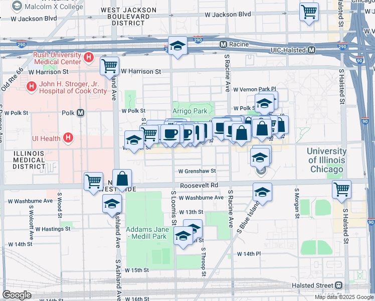 map of restaurants, bars, coffee shops, grocery stores, and more near 1322 West Taylor Street in Chicago