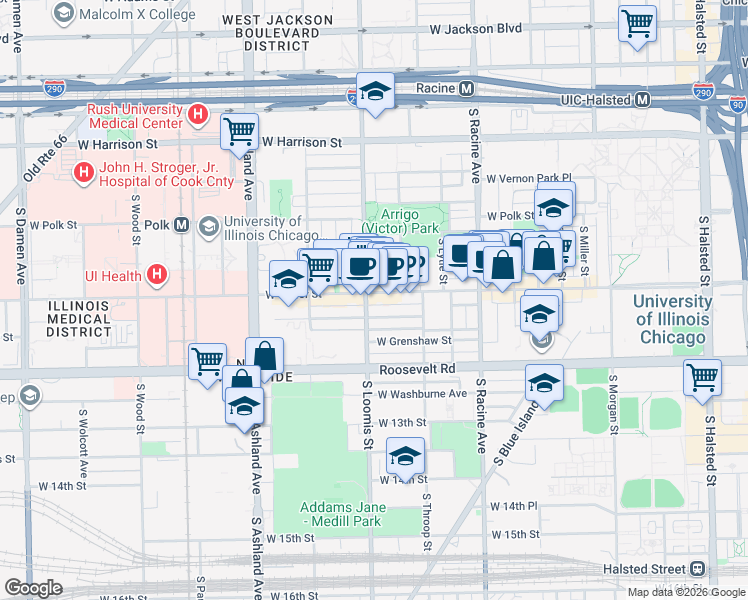 map of restaurants, bars, coffee shops, grocery stores, and more near 927A South Loomis Street in Chicago