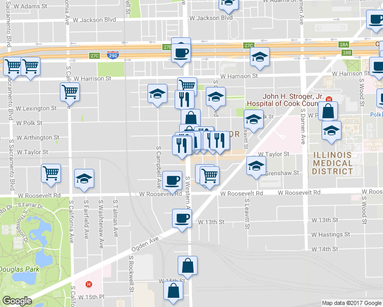 map of restaurants, bars, coffee shops, grocery stores, and more near 2343 West Taylor Street in Chicago