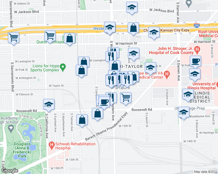 map of restaurants, bars, coffee shops, grocery stores, and more near 2420 West Taylor Street in Chicago