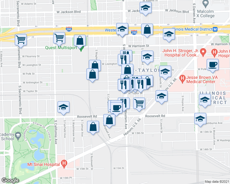 map of restaurants, bars, coffee shops, grocery stores, and more near 2420 West Taylor Street in Chicago