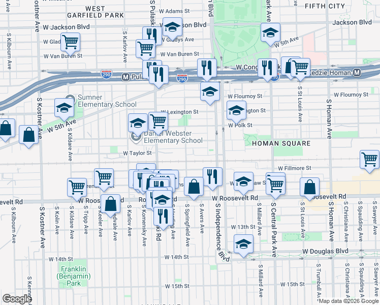 map of restaurants, bars, coffee shops, grocery stores, and more near 3901 West Arthington Street in Chicago