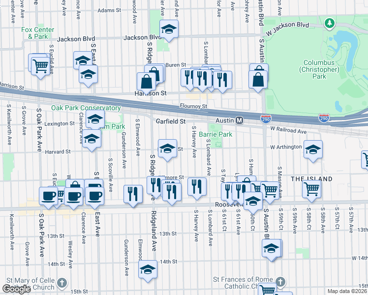 map of restaurants, bars, coffee shops, grocery stores, and more near 1036 Highland Avenue in Oak Park