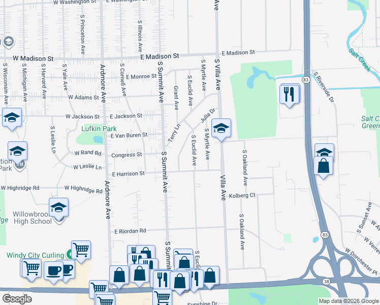 map of restaurants, bars, coffee shops, grocery stores, and more near 210 Julia Drive in Villa Park