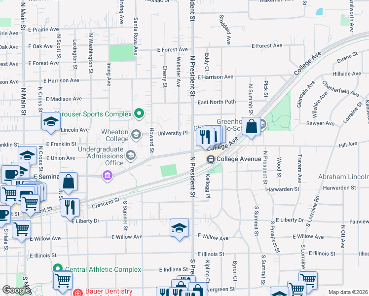 map of restaurants, bars, coffee shops, grocery stores, and more near 409 North President Street in Wheaton