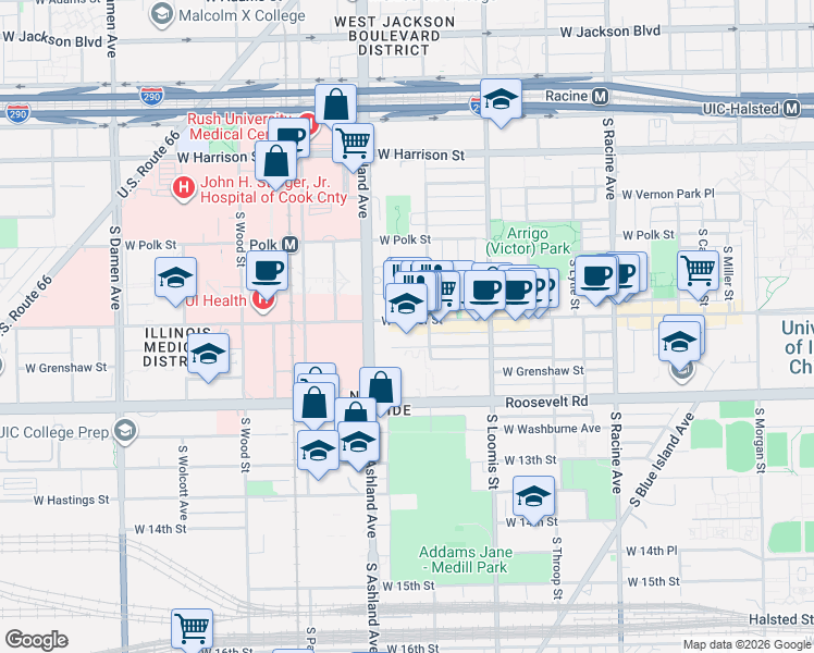 map of restaurants, bars, coffee shops, grocery stores, and more near 1519 West Taylor Street in Chicago