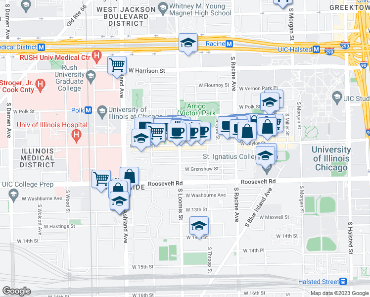 map of restaurants, bars, coffee shops, grocery stores, and more near 1353 West Taylor Street in Chicago