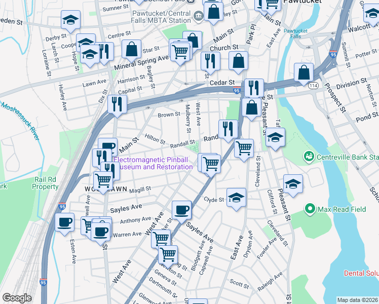 map of restaurants, bars, coffee shops, grocery stores, and more near 225 West Avenue in Pawtucket