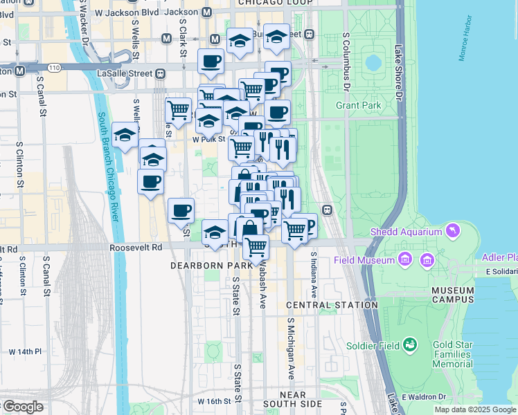 map of restaurants, bars, coffee shops, grocery stores, and more near 1104 South Wabash Avenue in Chicago