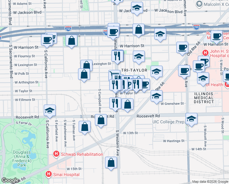 map of restaurants, bars, coffee shops, grocery stores, and more near 1000 South Western Avenue in Chicago