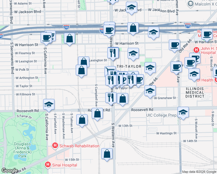 map of restaurants, bars, coffee shops, grocery stores, and more near 2413 West Taylor Street in Chicago