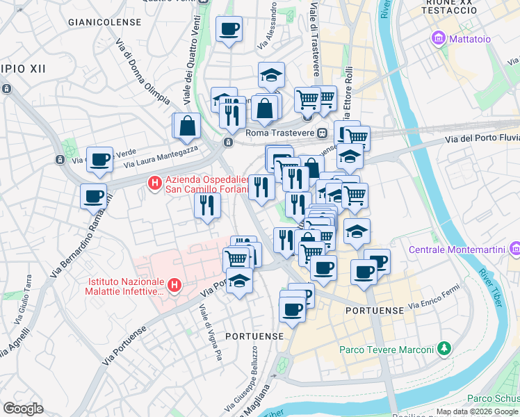 map of restaurants, bars, coffee shops, grocery stores, and more near 13 Via Giuseppe Ravizza in Roma