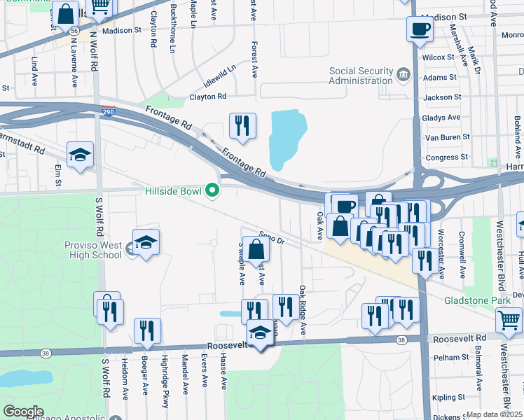map of restaurants, bars, coffee shops, grocery stores, and more near 4415 Harrison Street in Hillside