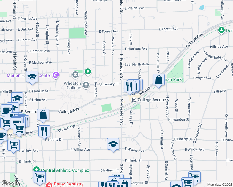 map of restaurants, bars, coffee shops, grocery stores, and more near 409 North President Street in Wheaton
