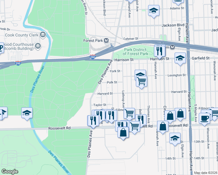 map of restaurants, bars, coffee shops, grocery stores, and more near 919 Dunlop Avenue in Forest Park