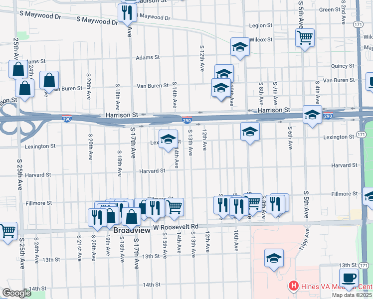 map of restaurants, bars, coffee shops, grocery stores, and more near 1912 South 13th Avenue in Broadview